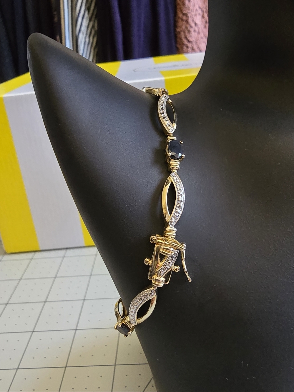 Gold-Tone Sterling Silver And Dark Blue Stone and Crystal Link Bracelet #0918